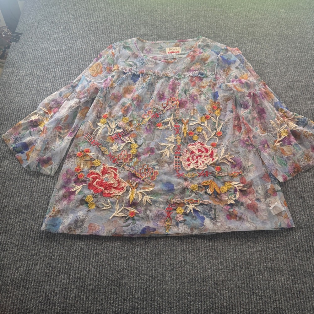 Johnny Was Biya Embroidered Mesh Floral Blouse Womens L Blue Multi Sheer Boho